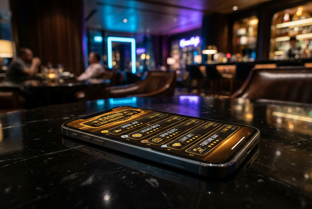 A high-end smartphone showcasing a casino leaderboard.
