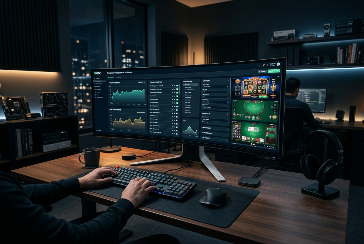 A high-tech visualization of game settings on a sleek monitor.