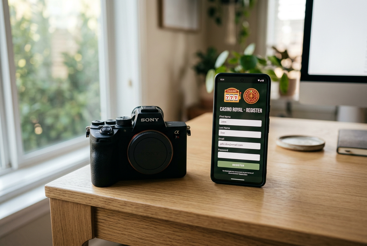 Smartphone with registration screen next to a professional DSLR camera