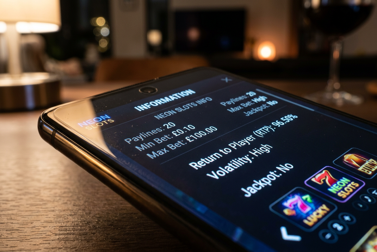 Close-up of a smartphone screen showing slot game technical specifications