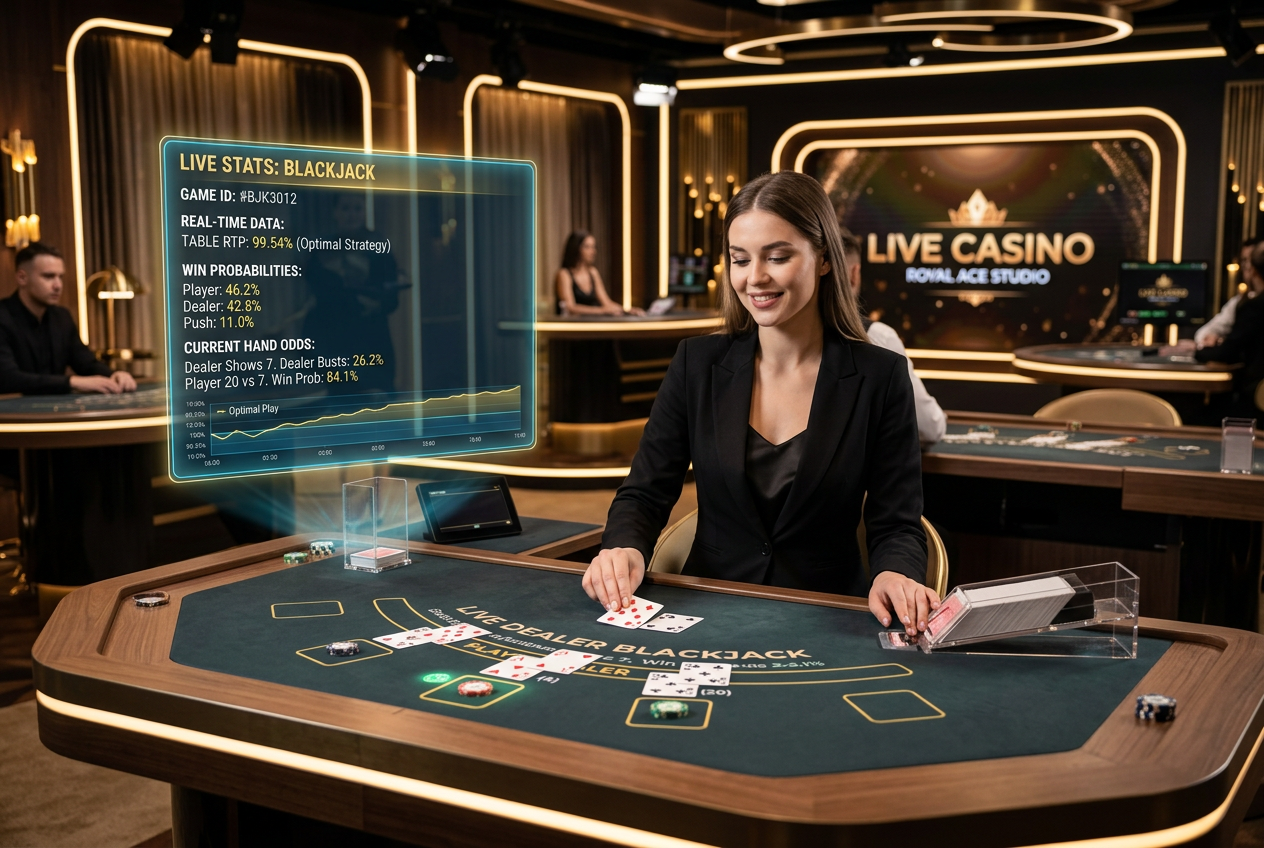 Krupier przy stole do blackjacka z cyfrową nakładką statystyczną