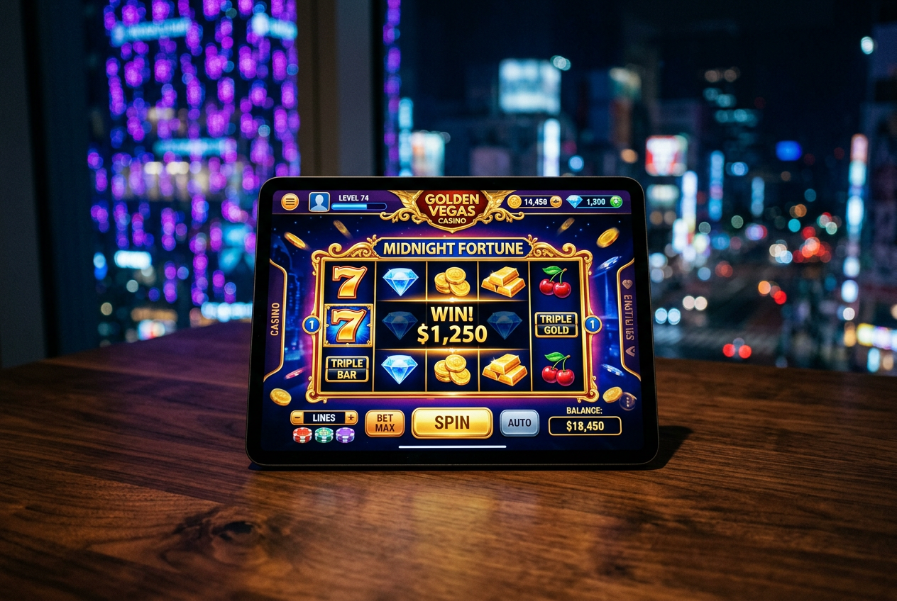 Elegancki tablet z wyświetloną listą gier kasynowych na tle rozmytych świateł neonów.