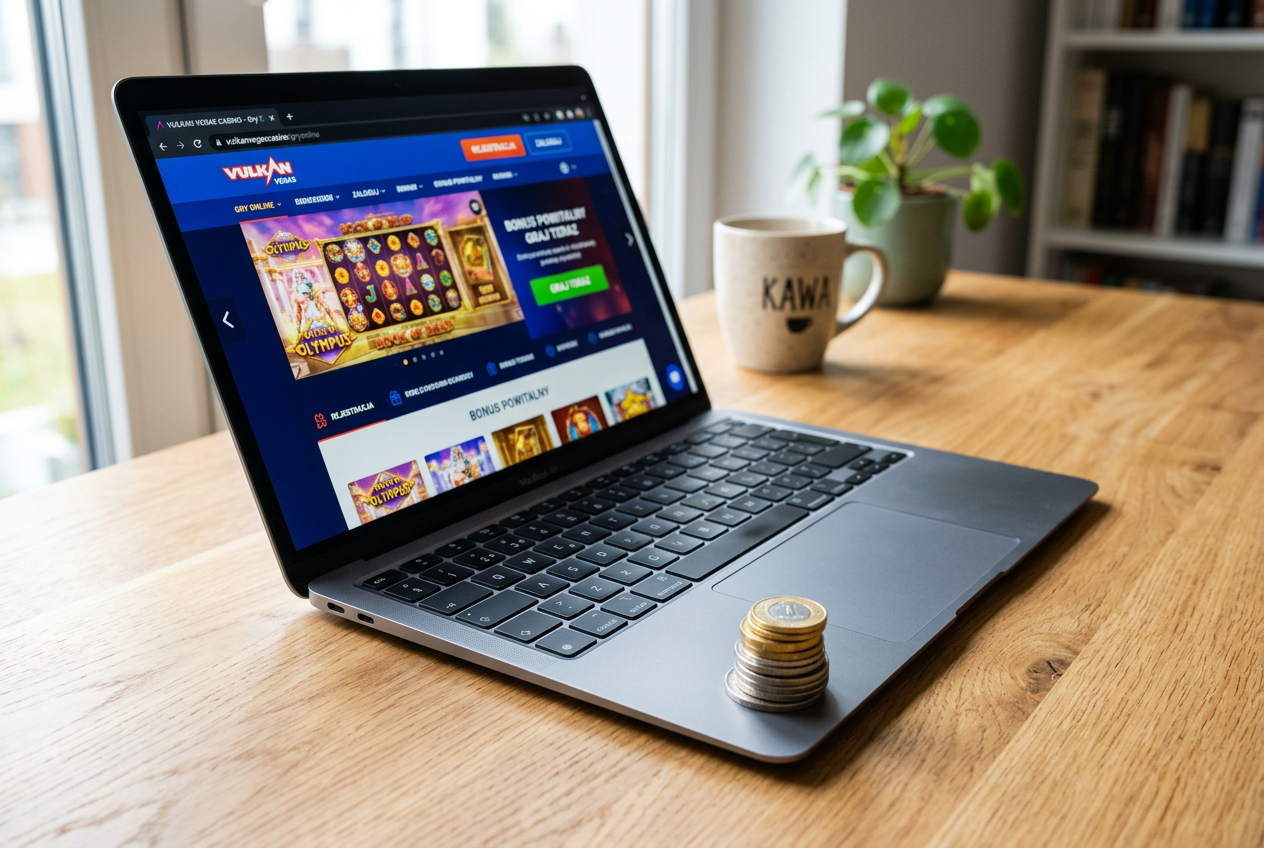 A laptop showing a casino interface with Polish Zloty coins on the desk.