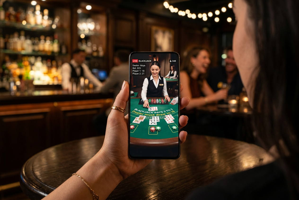 A smartphone displaying a high-definition live blackjack game