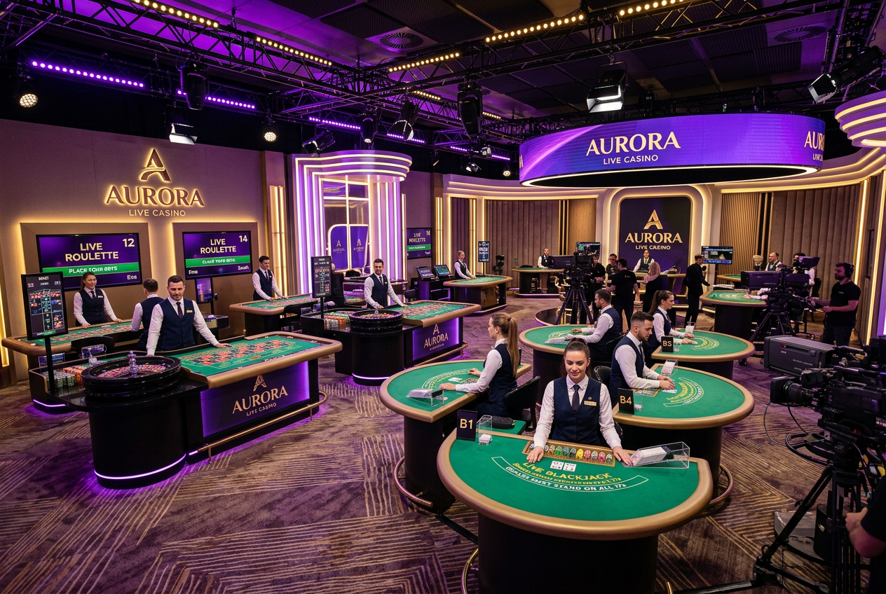 Panoramic view of a high-end live casino studio with professional dealers